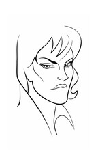 Handdrawn of a woman's face with stern expression stylized hair on background portrait