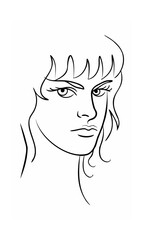Continous line drawing of a woman's face with wavy hair a stern expression on a background