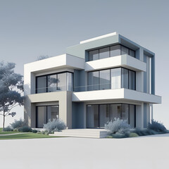 Modern residential architecture: a luxurious white house with large windows and a striking roof under a clear winter sky, surrounded by snow