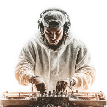 A male dj wearing headphones mixes music on a turntable isolated on transparent background