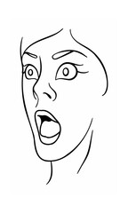 Handdrawn continous line of a surprised woman's face with open mouth wide eyes on background