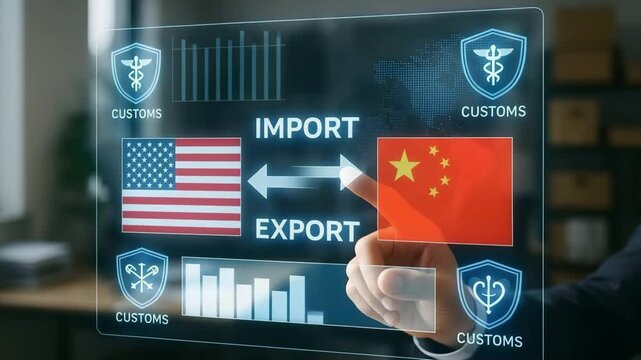 A transparent interface shows import-export arrows between American and Chinese flags with customs icons. Concept of cross-border compliance.