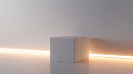 Empty white cube, lit by warm light, on white floor and wall