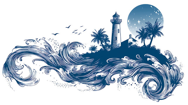 Tattoo Logo with Sea Waves and Night Sky