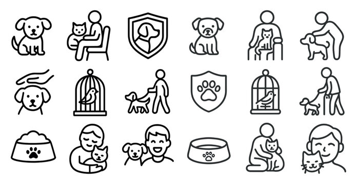 Series of images of people and animals, including a dog and a cat, with a variety of emotions and actions