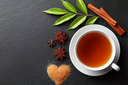 Relaxing Herbal Tea with Spices and Sweetener on Slate Surface - Powered by Adobe
