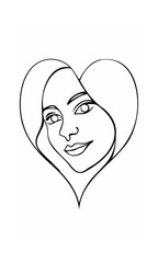 Continous line drawing of a smiling woman's face inside a heart shape on background