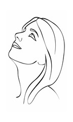 Continous line drawing of a woman's face looking upwards with flowing hair on background