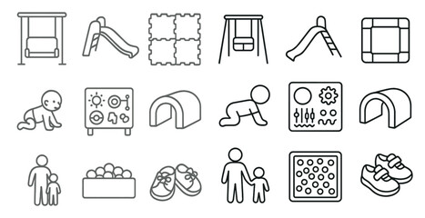 Series of icons for a children's playground. The icons include a swing, a slide, a sandbox, and a playhouse