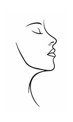 Continous line drawing of a woman's face in profile with closed eyes a curved neck on background