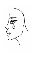 Continous line drawing of a woman's profile with a tear falling from her eye on background