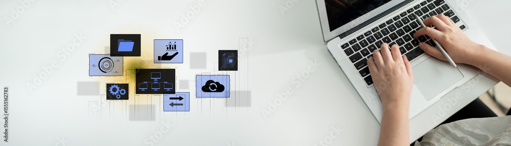Poster digital business infrastructure with data system, analytics, sync. system management improves access