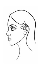 Continous line drawing of a woman's profile with a flower in her hair on background