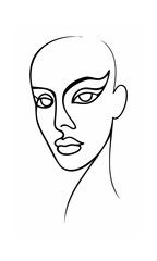 Continous line drawing of a woman's face with stylized eyes nose lips on background