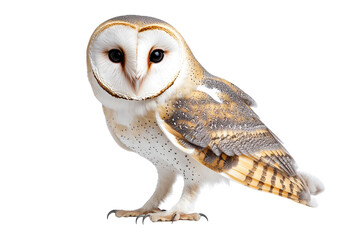 Barn owl standing gracefully on a white background showcasing its distinctive facial features and plumage for nature enthusiasts and bird watchers