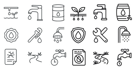 Naklejka premium Set of water-related icons, including a faucet, a shower, a hose, and a water bottle