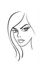 Continous line drawing of a woman's face with long hair a neutral expression portrait