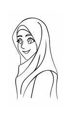 Smiling woman wearing hijab continous line art in on a background girl female