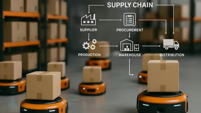 Autonomous robots carry boxes under a supply chain flowchart overlaid on a warehouse scene. Concept of automated fulfillment.