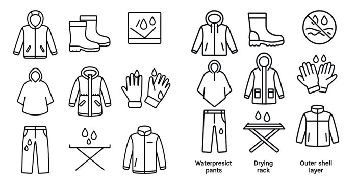 Set of clothing icons with a water resistant and drying outer shell. The icons include a jacket, gloves, and boots