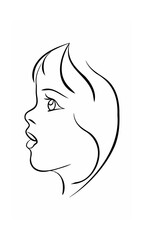 Continous line drawing of a young girl's face in profile with open mouth on background
