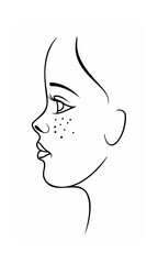 Continous line drawing of a woman's profile showing eye nose lips freckles on background