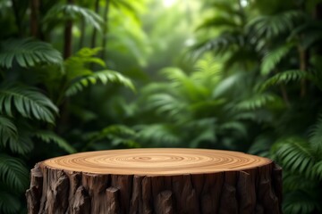 Fototapeta premium Wooden Stump Podium in a Lush Green Jungle Environment for Product Display