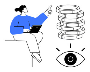 Woman holding laptop gestures upward, surrounded by coins and an abstract eye. Ideal for finance, analytics, vision, innovation, business growth, strategy awareness. Simple flat metaphor