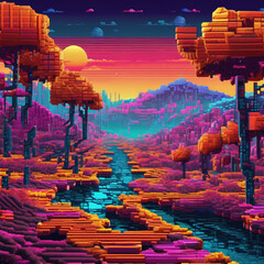 Hard Lighting Pixelated Landscape in Embroidery Style