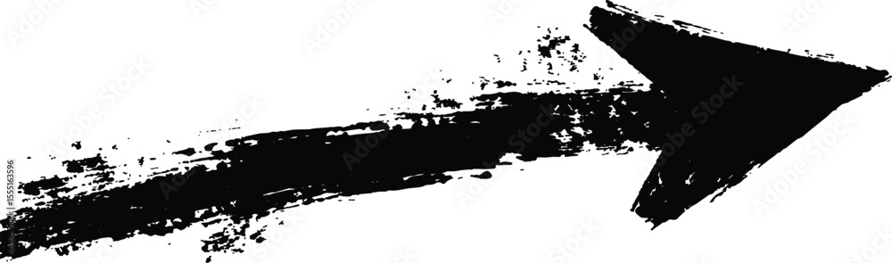 Poster Black arrow painted with splashes isolated on white background. Black arrow marker isolated with a hand-drawn effect on a white background. 