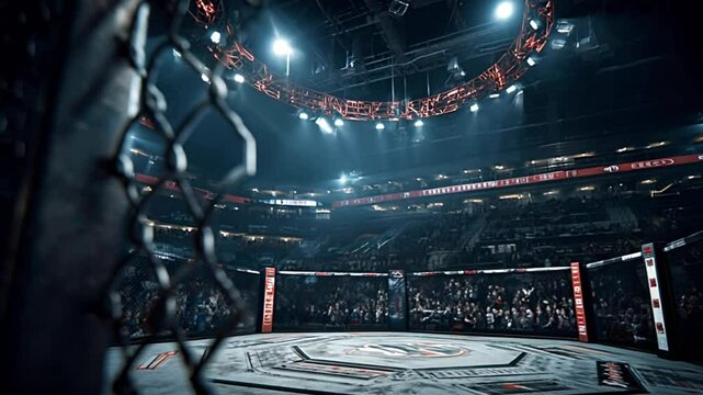 Spacious octagonal fighting arena inside massive stadium, metal cage gleaming under bright spotlights, silent spectators building anticipation before dramatic combat event begins