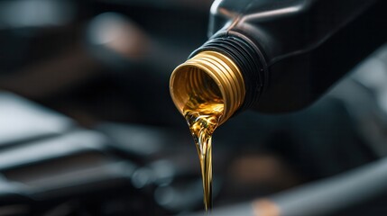 A close-up shot of engine oil being poured from a black container, highlighting the vibrant golden liquid, This image can be used for automotive maintenance articles, blogs, or promotional materials,