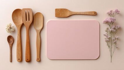 A pink-colored square drawing board sits next to an irregular wooden knife and a set of three kitchen spoons on the table. On one side of the picture, there is a vase with dried flowers. 