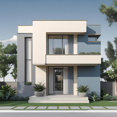 Modern residential architecture featuring a house exterior with a garden and a balcony adorned with flowers under a blue sky