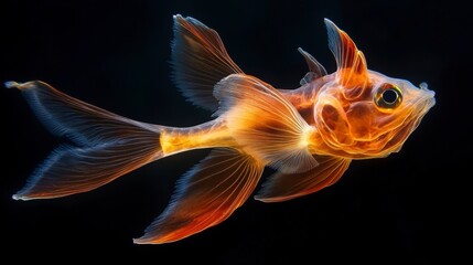 A vibrant orange fish with translucent fins swims against a black background.