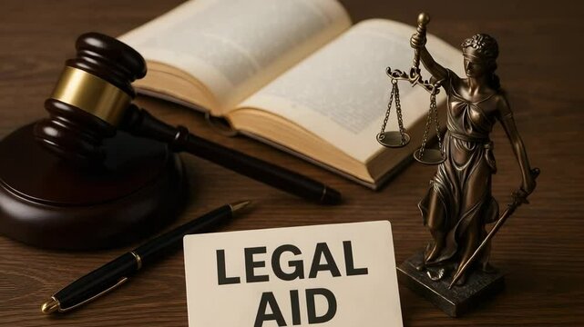 A gavel and law book rest next to a sign reading &ldquo;Legal Aid&rdquo; and a scales statuette. Concept of pro bono justice.