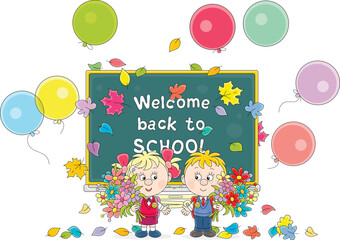Happy little schoolboy and schoolgirl first graders with schoolbags and beautiful bouquets of colorful flowers at a holiday of school bell before start of classes in primary school, vector cartoon