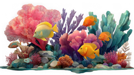 Orange and yellow fish are swimming around a variety of pink, purple, and blue corals in a detailed underwater illustration, isolated on transparent background