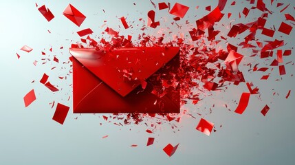 Exploding red envelope; digital art depicting communication overload, email spam, message burst.