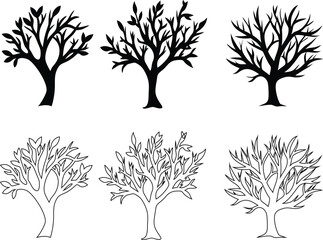 Tree silhouette, outline, and flat icon set. Perfect for eco design, nature apps, or landscaping visuals.