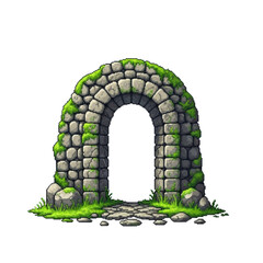 Ancient stone archway with moss and grass in pixel art style