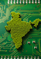Green india map made of grass on a green printed circuit board symbolizing eco friendly technology and sustainable development in india