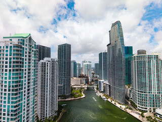Fototapeta premium Scenic panorama of Miami financial district. Brickell in Miami city. Miami Urban landscape with iconic buildings. Miami cityscape.