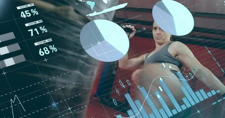 Female boxer adjusting gloves as analytics gauges appear, tracking punch combos in fitness overlay - Powered by Adobe