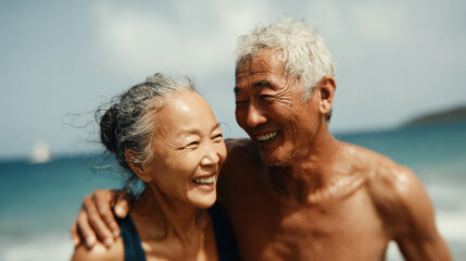 Happy elderly Asian couple embraces while laughing on a sunny beach