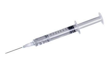Medical disposable syringe with needle isolated on gray background, commonly used in healthcare settings for vaccinations and medication administration