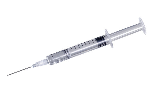 Medical disposable syringe with needle isolated on gray background, commonly used in healthcare settings for vaccinations and medication administration