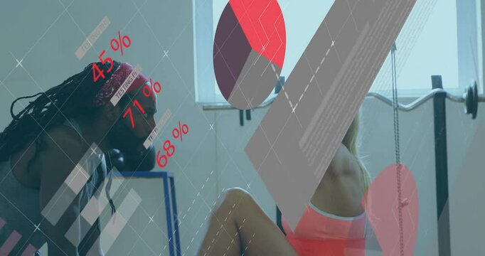 Trainer adjusting client feet, client pulling rope crunching with shifting gym HUD for ab workout