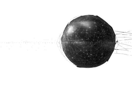 Black low poly grid sphere with abstract lines and points, depicting a modern digital concept in a minimalistic style