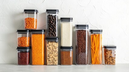 Organized food storage containers in kitchen pantry